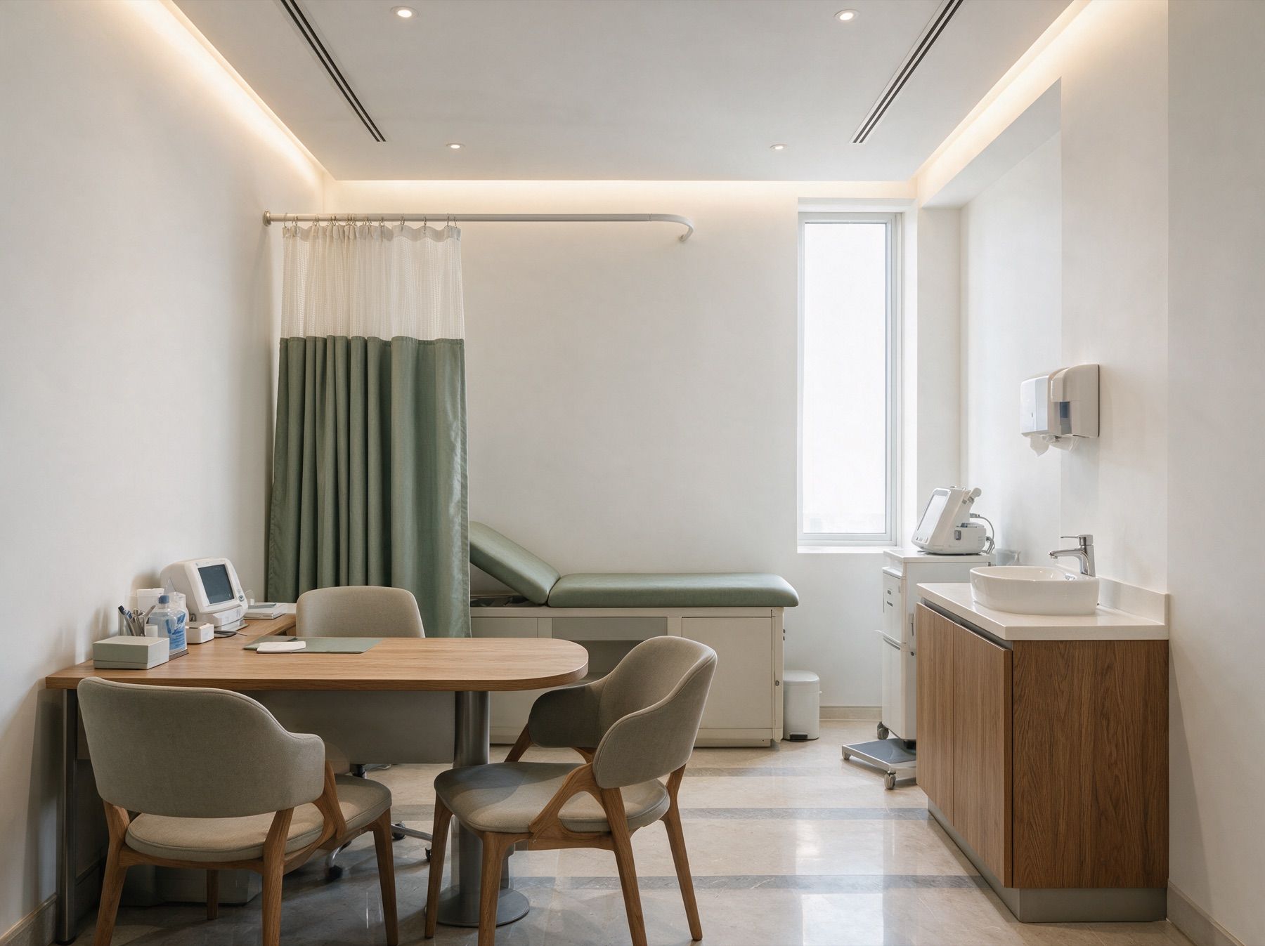 Visualisation of a clinic examination room with a desk, examination couch and wash basin