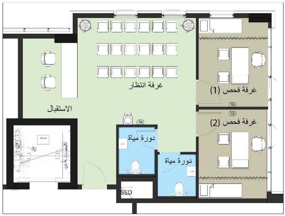 Sample clinic layout plan from the LINX Tower catalogue: a reception and waiting area, two examination rooms and bathrooms