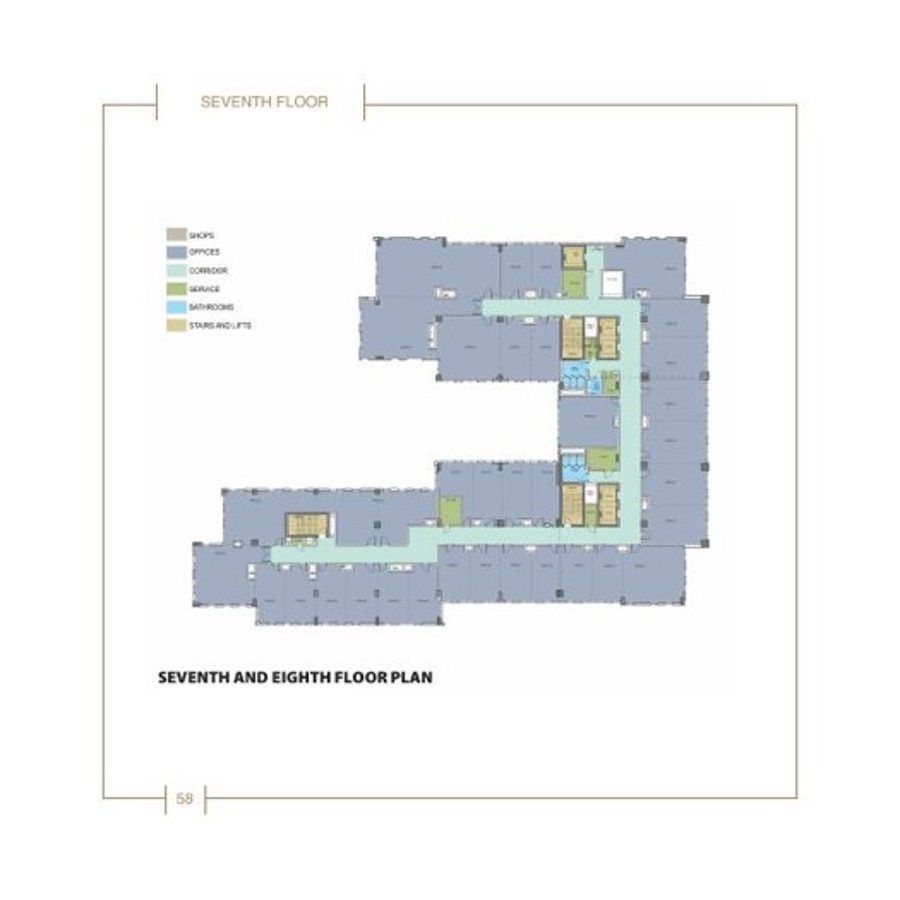 Plan of the seventh and eighth floors with office space around a central corridor