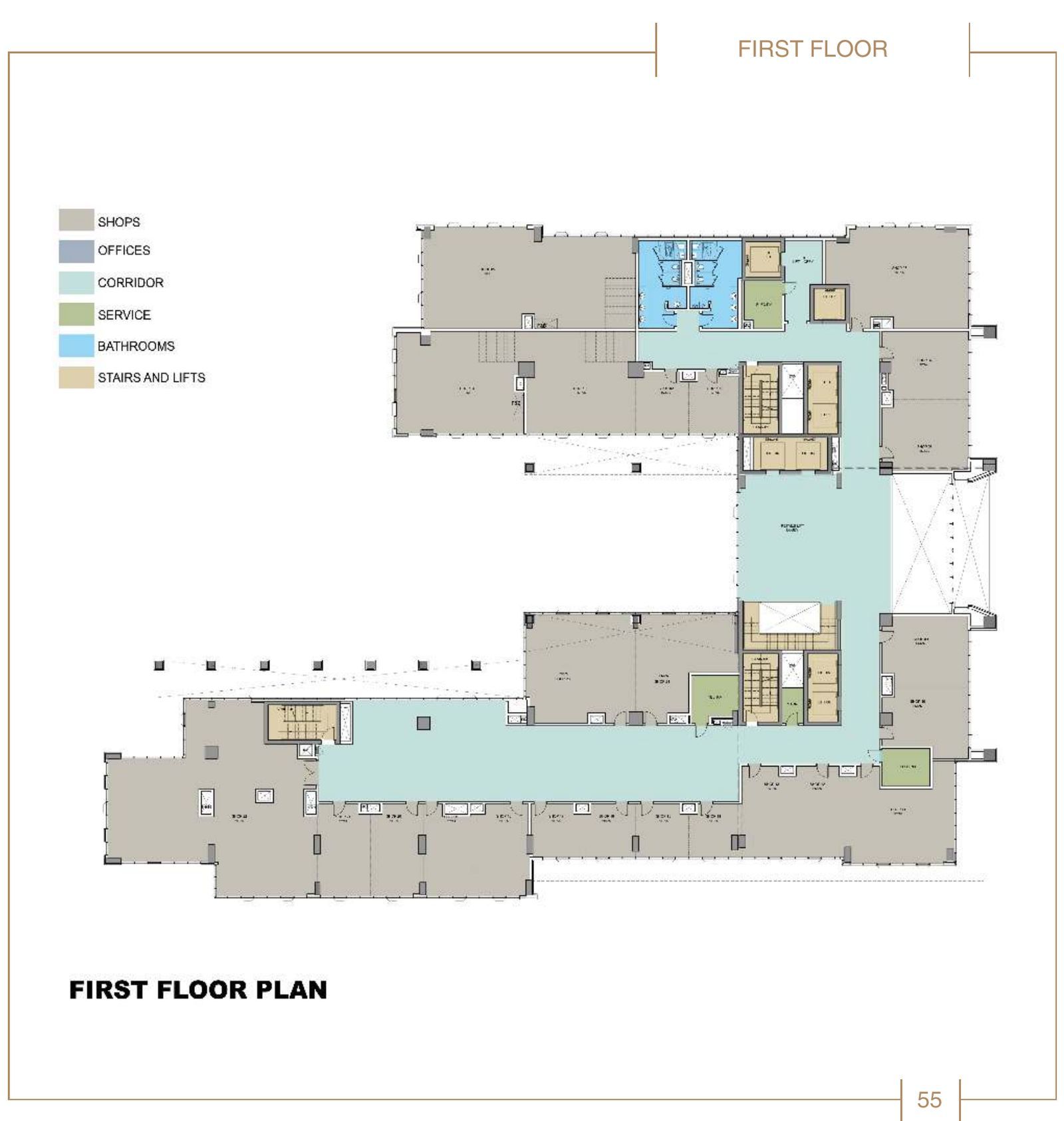 First-floor plan with shops arranged around a central corridor