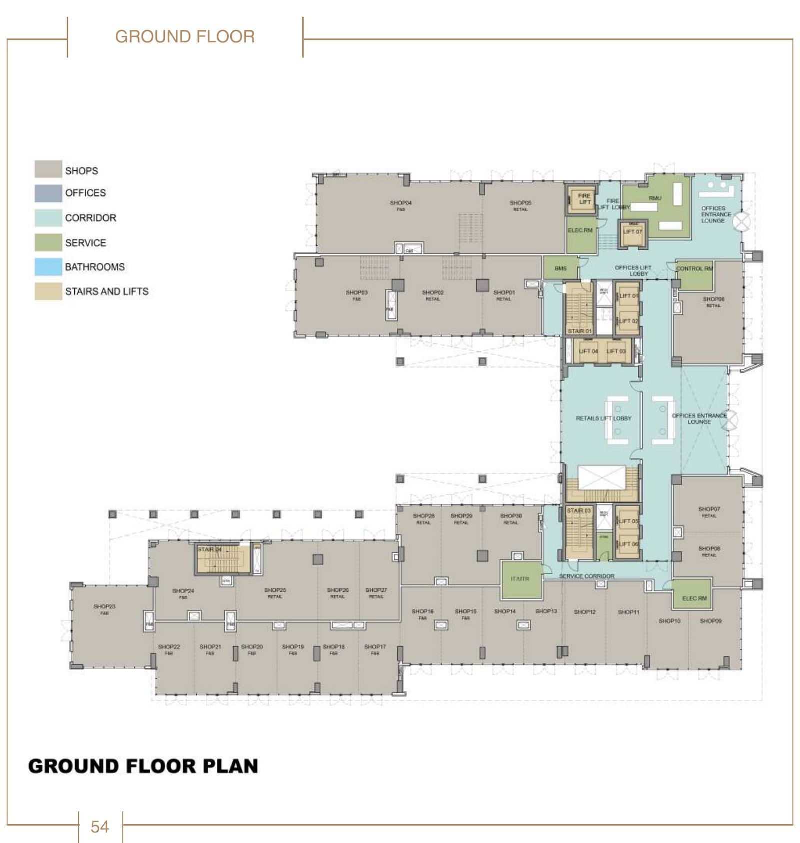 LINX Tower ground-floor plan with shops around the building's edge, each marked F&B or retail, a retail lift lobby and an offices entrance lounge