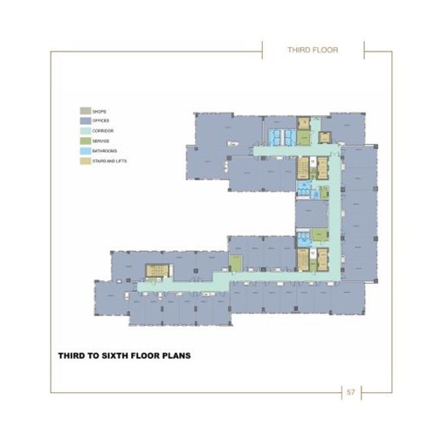 Plan of the third to sixth floors with office space around a central corridor