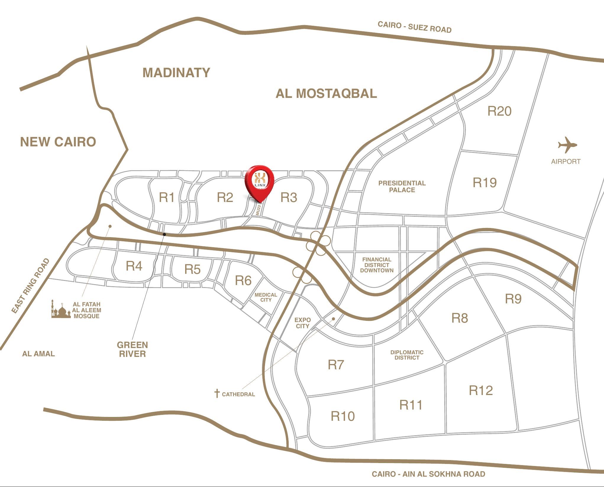 Catalogue map of the New Administrative Capital with the LINX Tower pin in MU23 between the R2 and R3 districts. Also marked: New Cairo, Madinaty, Al Mostaqbal, the Presidential Palace, the Financial District, the Diplomatic District, Medical City, Expo City, the Green River and the airport.
