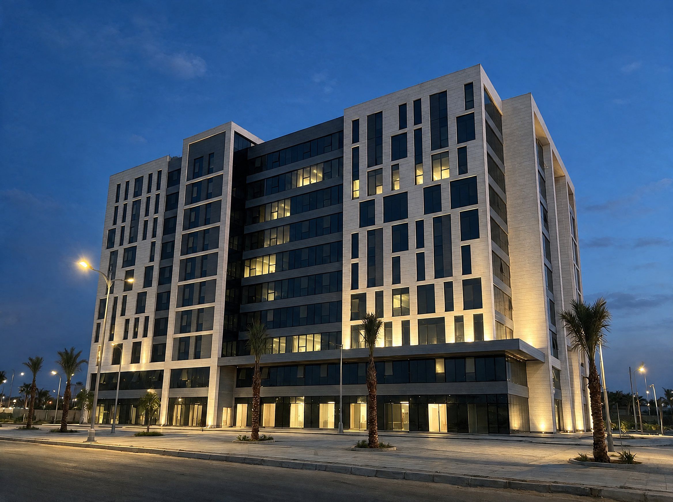 LINX Tower at dusk, with its façade lit and lights on in some offices