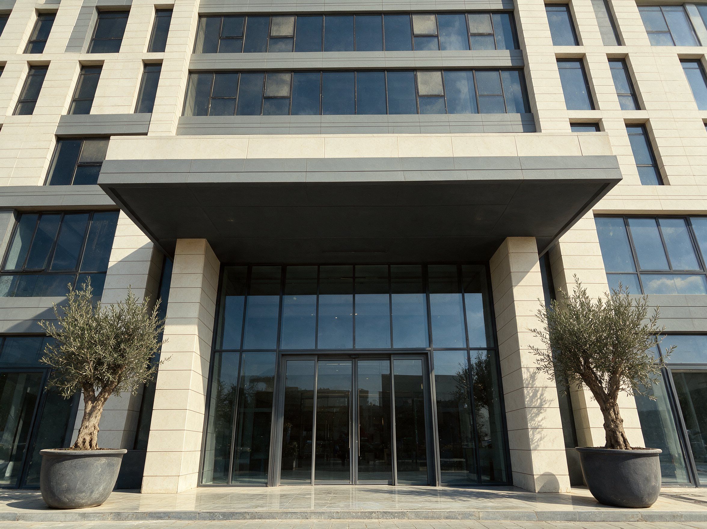 The offices and clinics entrance of LINX Tower, with glass doors under a stone canopy and two olive trees