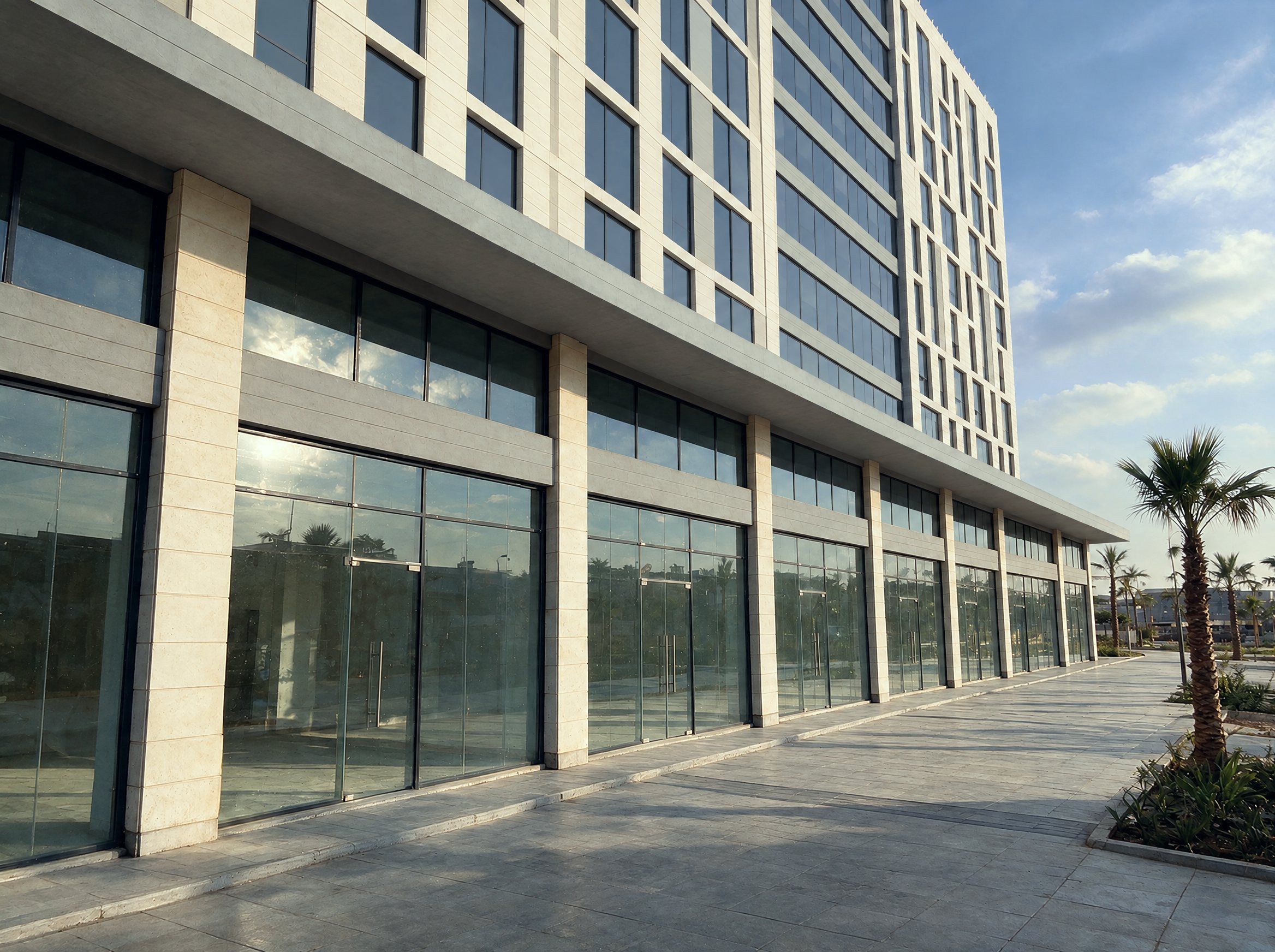 The ground-floor shopfronts of LINX Tower along a paved walkway