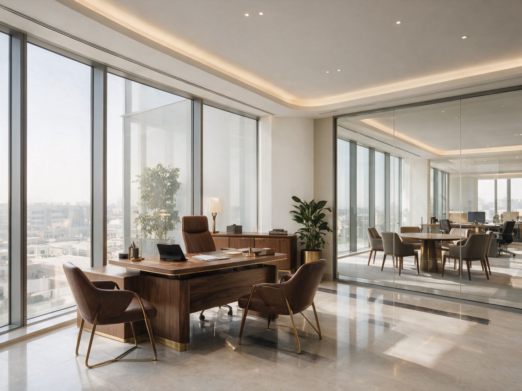 Visualisation of a glass-walled manager office with a walnut desk, looking onto the meeting room