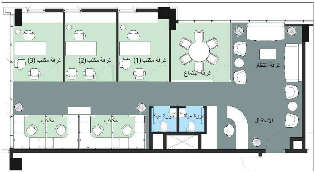 Sample office layout plan from the LINX Tower catalogue: an open plan with desks, three closed offices, a meeting room, a reception and bathrooms