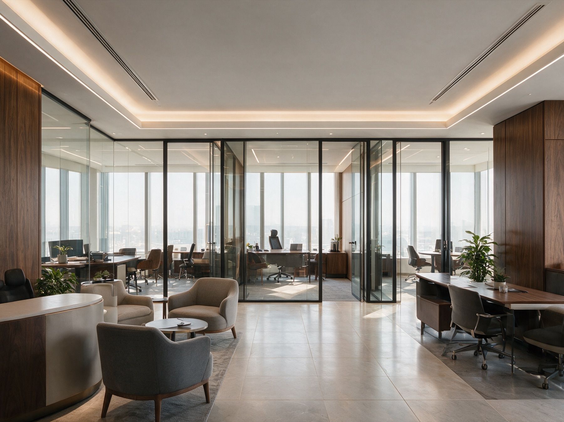 Visualisation of a fitted LINX Tower office with a reception, waiting lounge and glass-walled manager offices