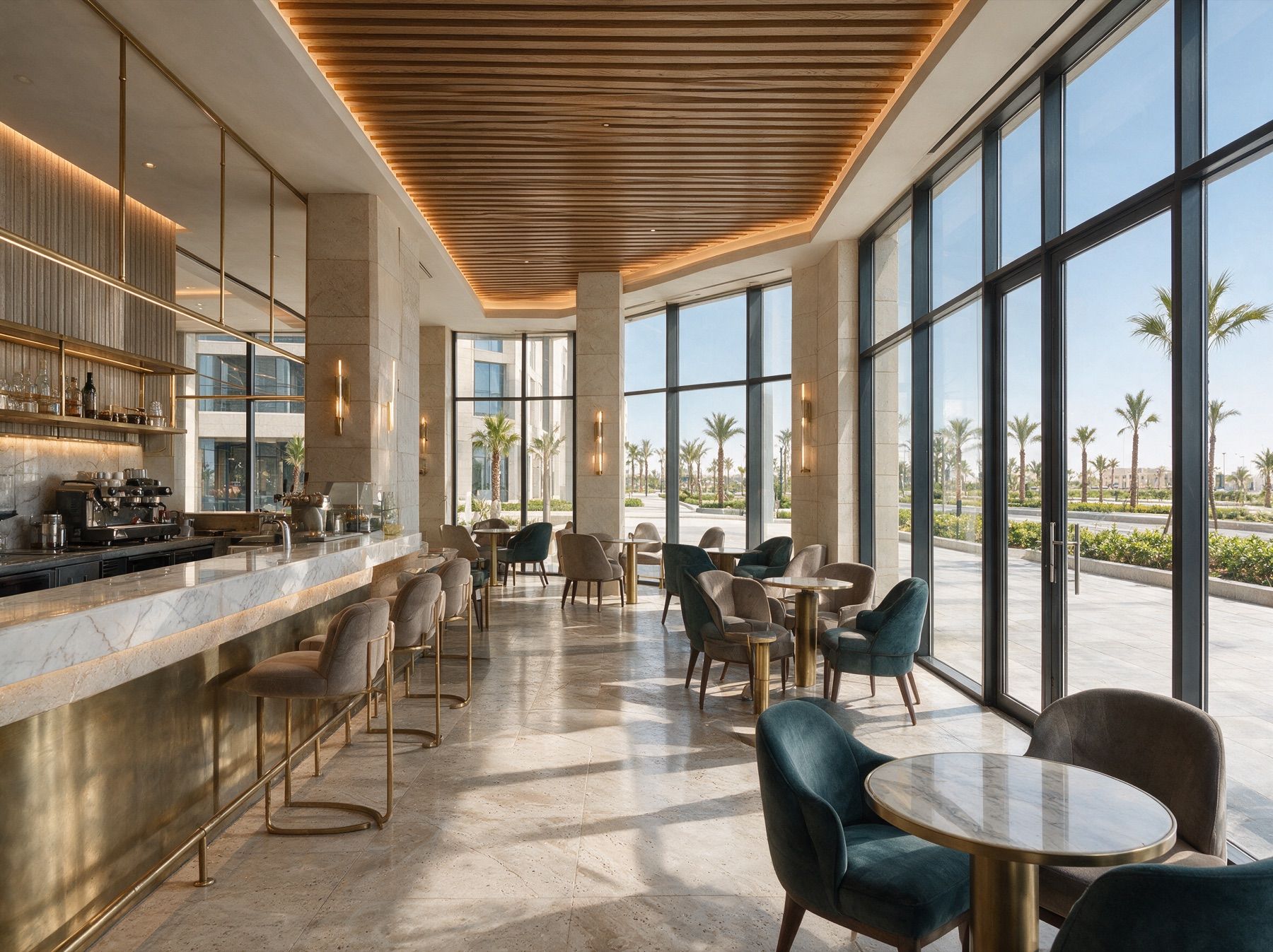 Visualisation of a ground-floor café at LINX Tower with a marble counter and full-height glazing onto the plaza